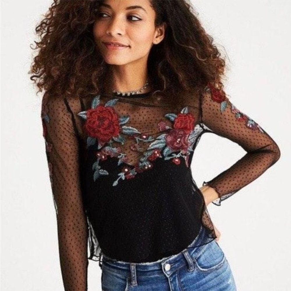 American Eagle Floral Rose Embroidery Sheer Top Whimsigoth Read
